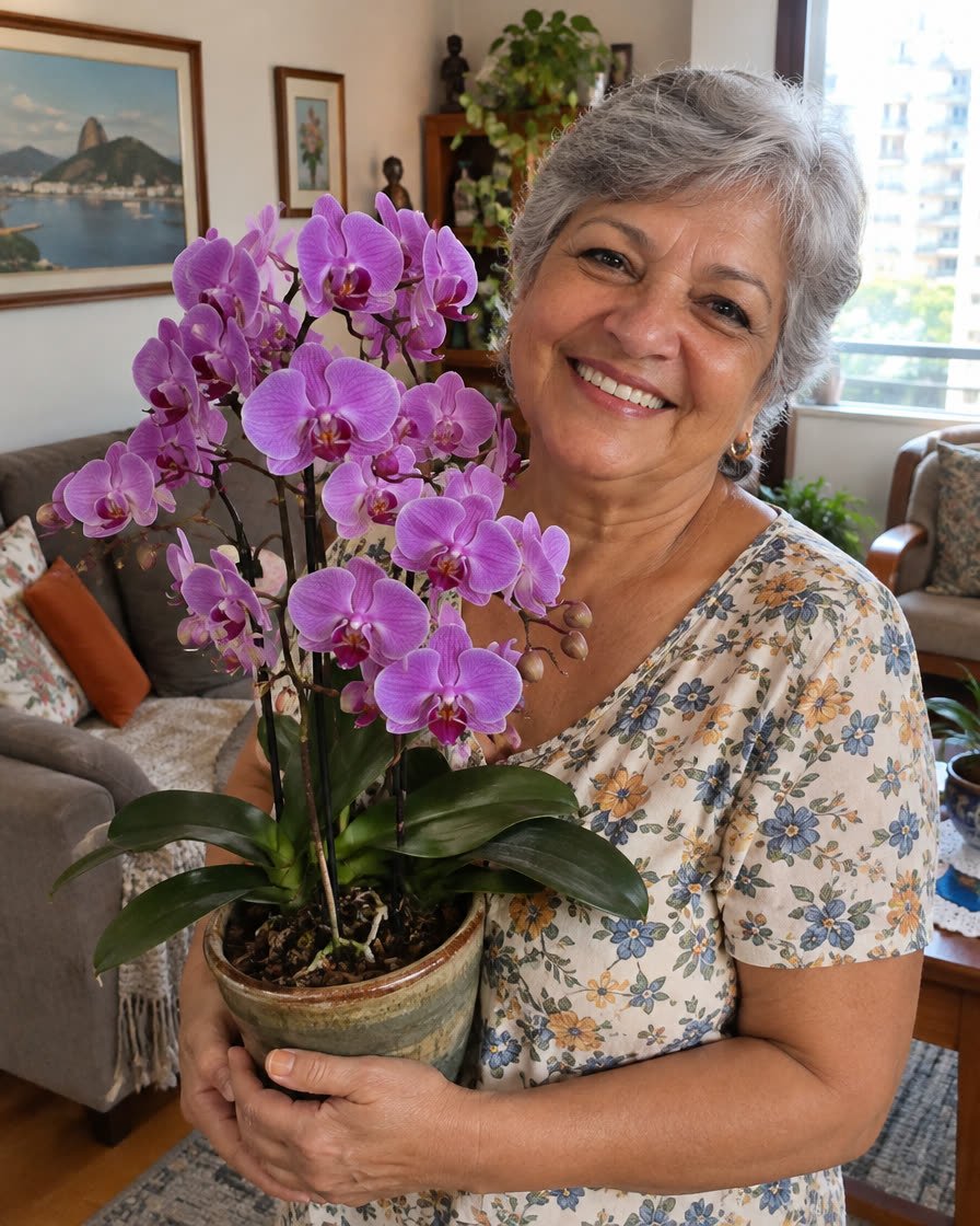 Senhora feliz com orquídea florida