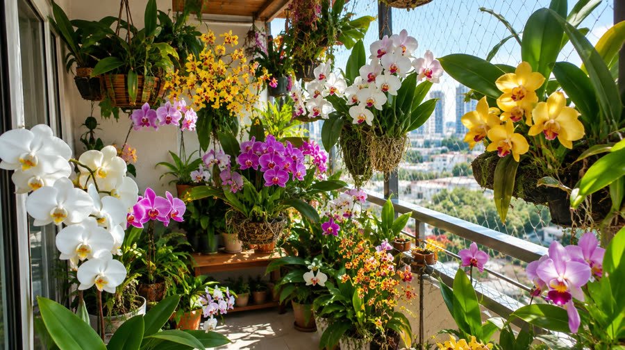Varanda cheia de orquídeas floridas